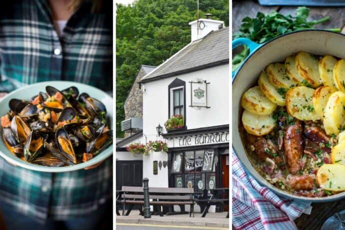 Left image: A person holds a bowl of cooked mussels with herbs. Middle image: A traditional Irish pub with hanging flower baskets and a bench outside, reminiscent of classic Irish pub recipes. Right image: A casserole dish with sausages, sliced potatoes, and herbs.