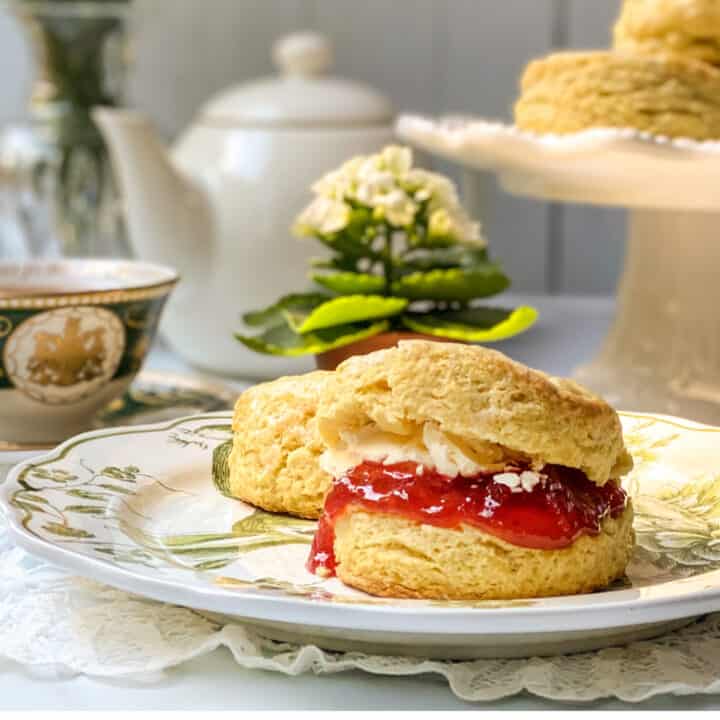 Irish Scone topped with strawberry jam and Irish butter