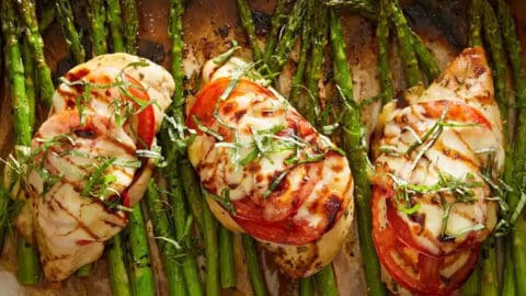 Chicken Breasts and Asparagus on a sheet pan.