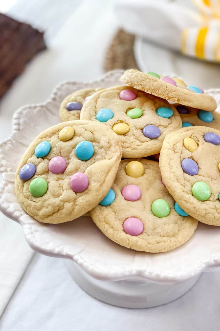 Plate of Easter M&M Cookies at the table.