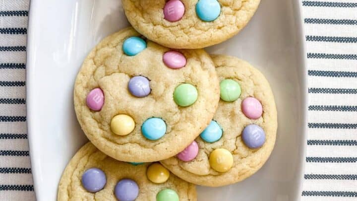 Vertical view of Easter M&M Cookies on a White Platter