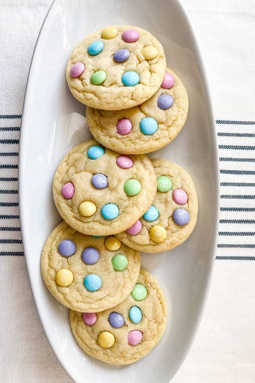 Vertical view of Easter M&M Cookies on a White Platter