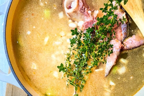 Top view of Ham Bone Soup with fresh thyme