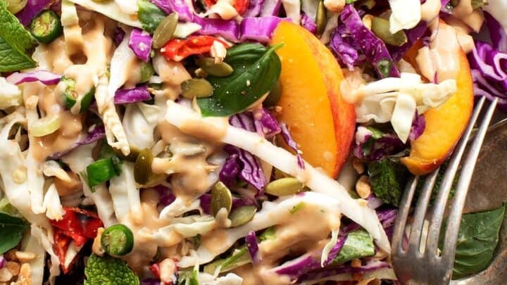 Top closeup view of Asian slaw salad for summer picnics.