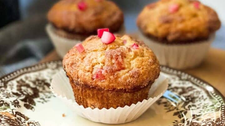 Single Rhubarb Muffin on a Brown and White Transferware Plate