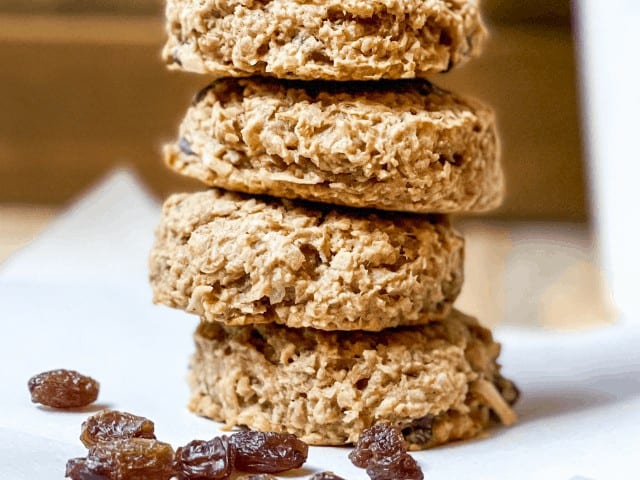Stack of healthy breakfast cookies with raisins