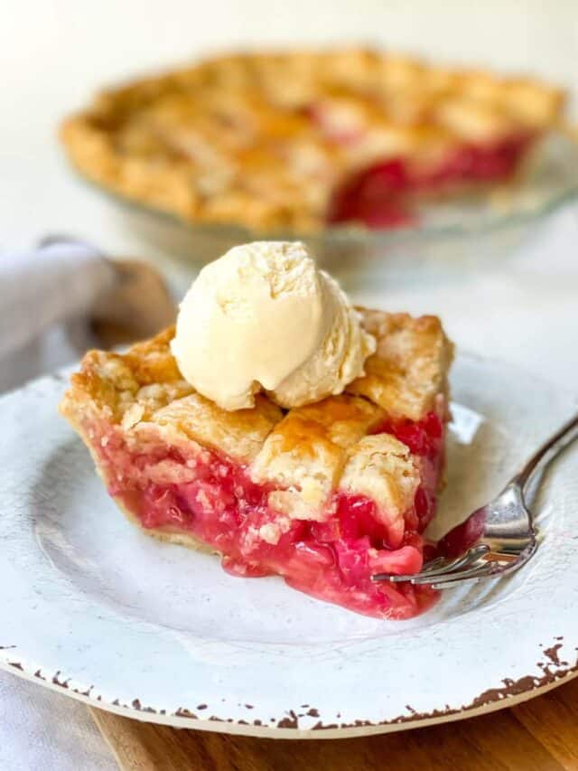 Slice of Rhubarb Pie on a Plate with Vanilla Ice Cream