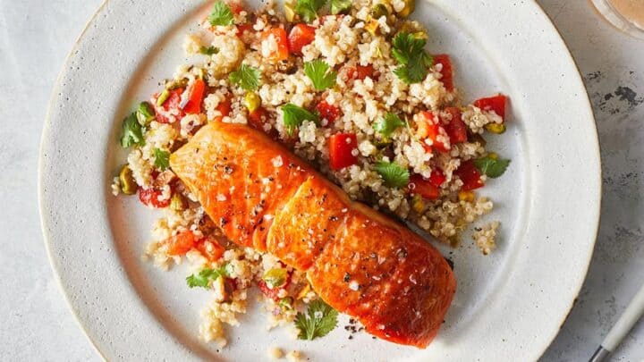 Salmon and Quinoa Salad on a White Plate