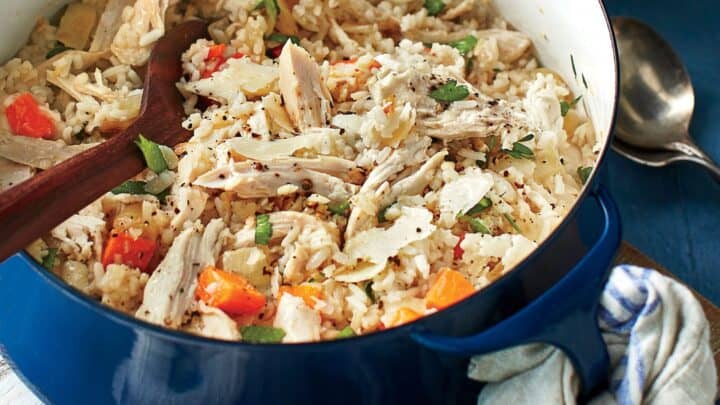 Chicken Bog in a Blue Dutch Oven