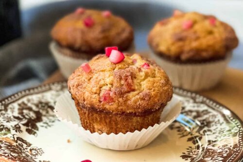 Rhubarb Muffin on a brown and white plate