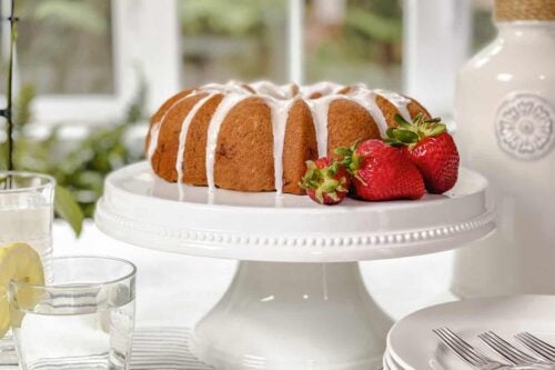 Closeup view of Strawberry Bundt Cake with Lemon Glaze