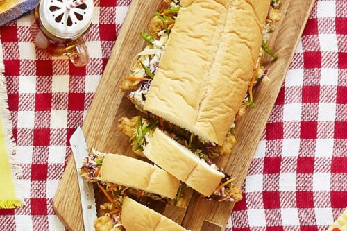 Chicken Finger Subs on a Red and White Checked Picnic Cloth for Summer Picnic Recipes