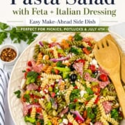 A bowl of summer pasta salad with vegetables, feta cheese, and Italian dressing, garnished with herbs. Wooden servers rest on the side; text promotes it as a perfect summer side dish.
