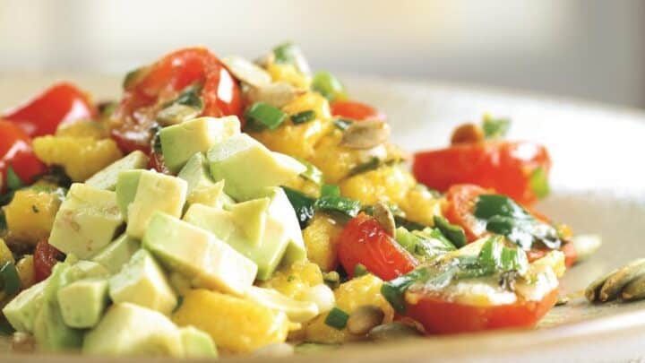Mexican Polenta Scramble with Chopped Avocados and Tomatoes