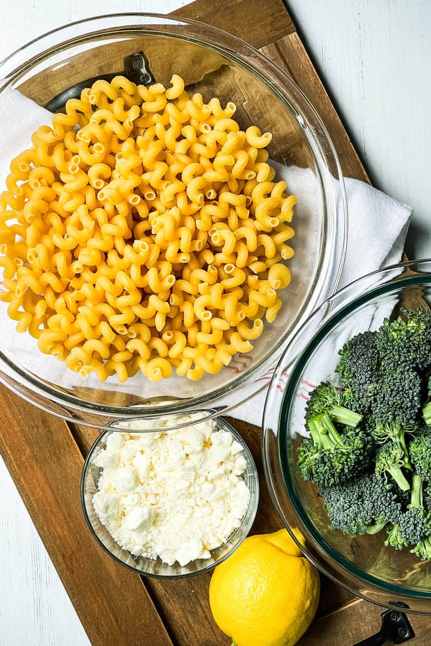 Raw ingredients for 4 Ingredient Pasta with Broccoli and Feta