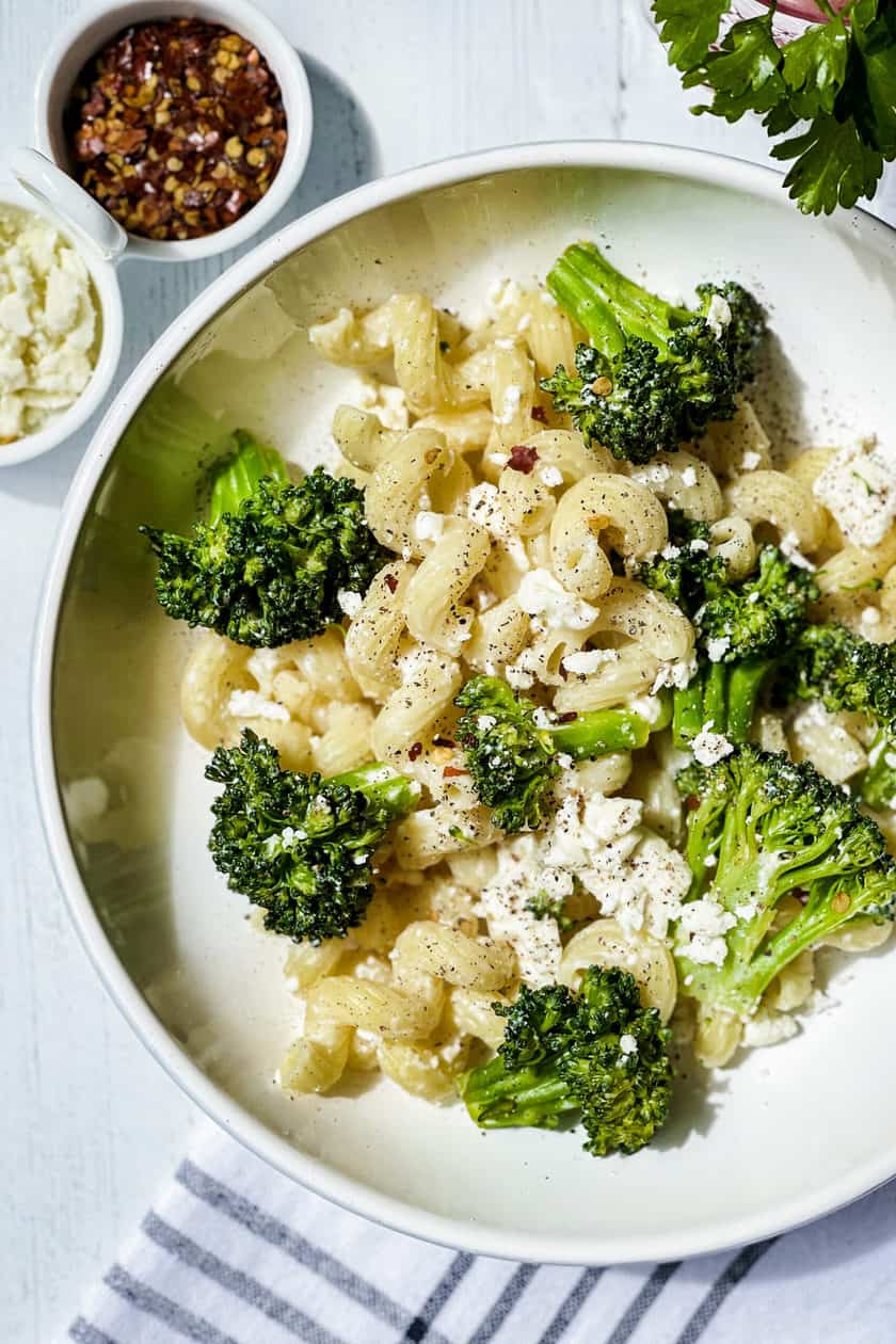 Top view of 4 Ingredient Pasta with Broccoli and Feta