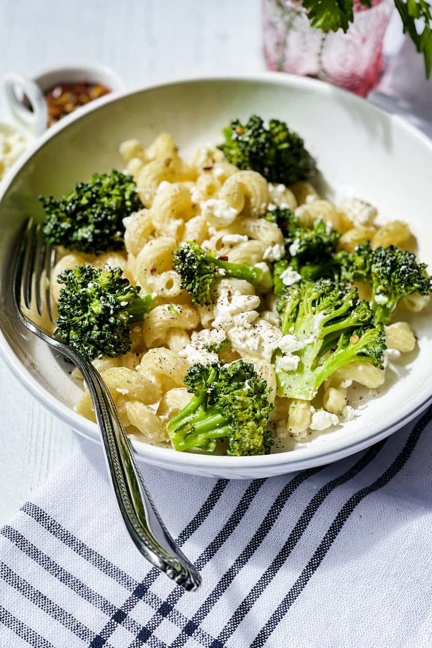 Side view of 4 Ingredient Pasta with Broccoli and Feta