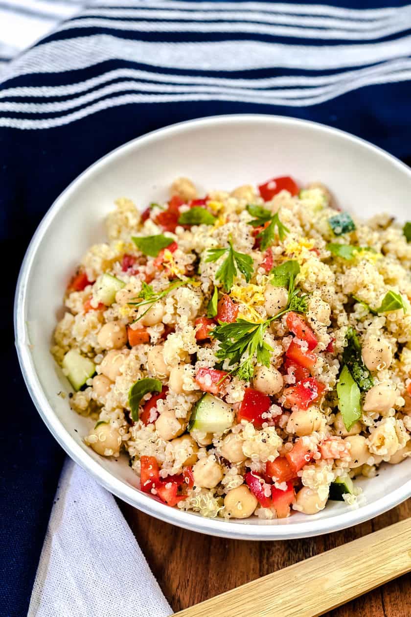 Closeup side view of Quinoa Salad in a White Bowl