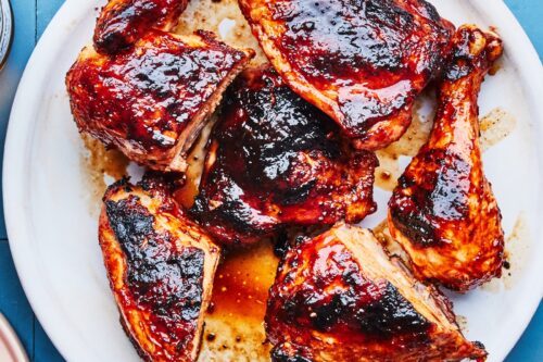 Plate of grilled or roasted chicken pieces with a glossy, dark brown glaze, arranged on a white plate against a blue background-perfect for your collection of easy Memorial Day recipes.