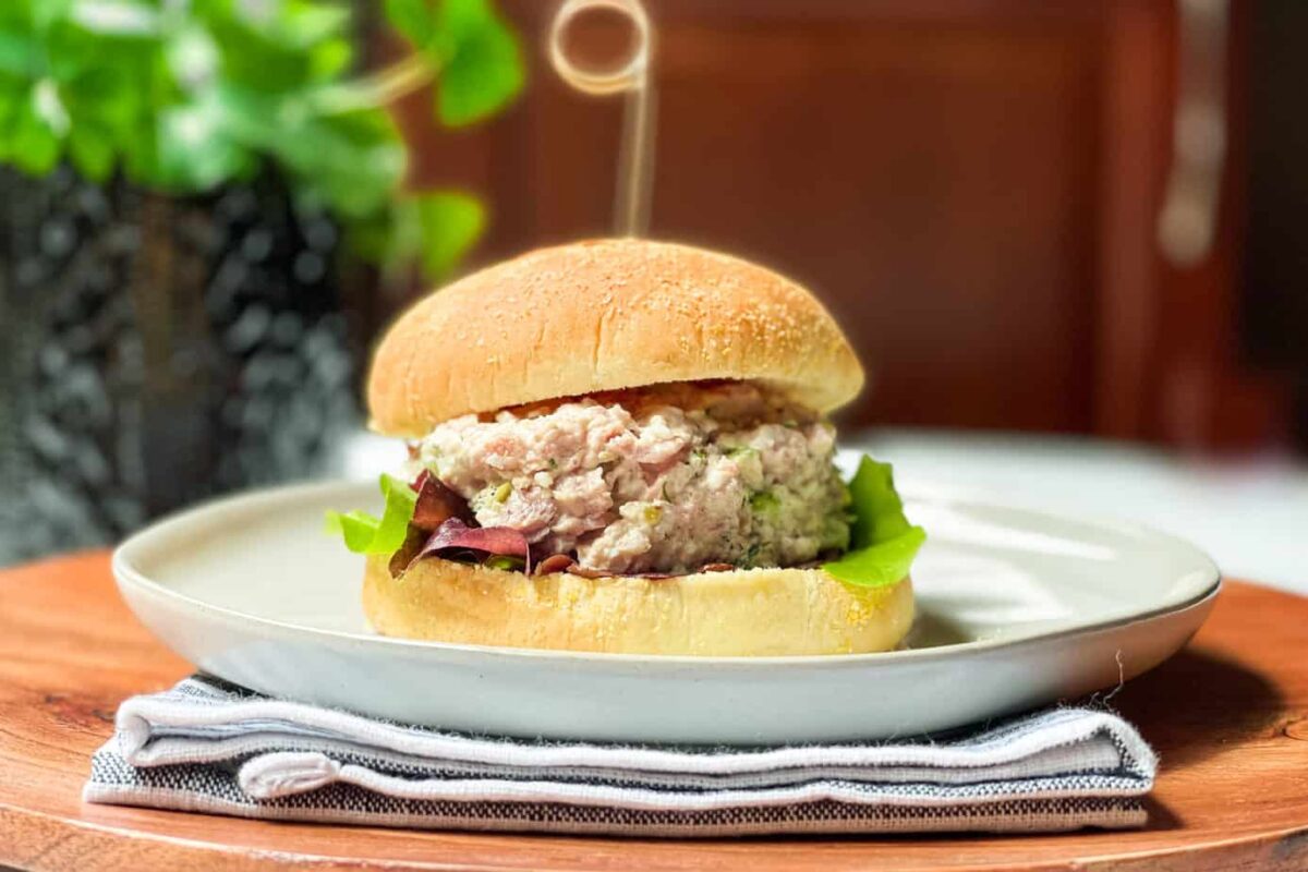 Ham Salad on a bun with lettuce.