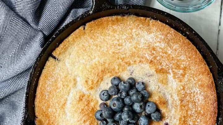 Top view of Blueberry Cobbler in black skillet