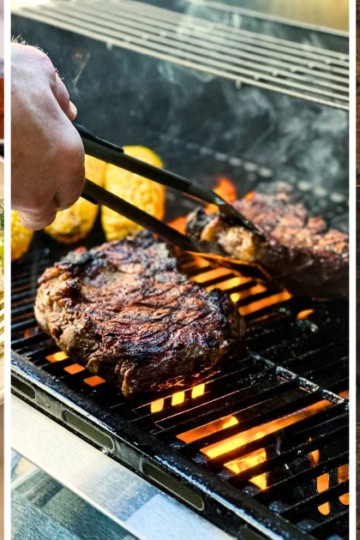 Three image collage featuring grilled teriyaki steak, ribeye, and grilled chicken skewers for a Father's Day recipe collection.