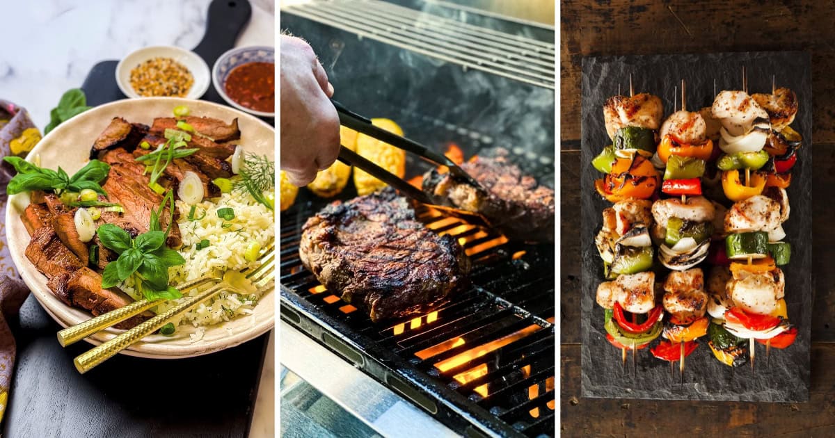 Three image collage featuring grilled teriyaki steak, ribeye, and grilled chicken skewers for a Father's Day recipe collection.