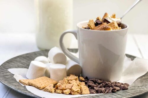 Closeup side view of S'mores Mug Cake with marshmallows, chocolate, and graham crackers