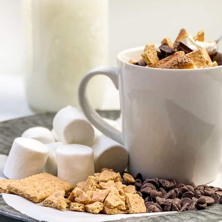Closeup side view of S'mores Mug Cake with marshmallows, chocolate, and graham crackers