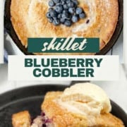 A skillet blueberry cobbler topped with fresh blueberries, shown whole in a pan and served on a plate with a scoop of vanilla ice cream, makes this classic skillet blueberry cobbler the perfect summer dessert.