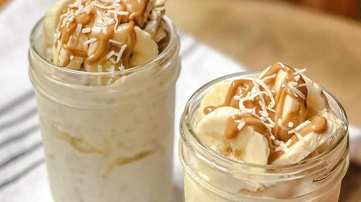 Jars of Peanut Butter Banana Overnight Oats with spoon