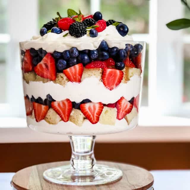 Closeup side view of Layered Berry Trifle Recipe