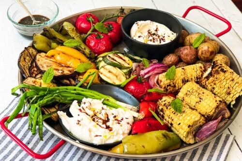 Grilled Vegetables with Burrata Cheese on a serving platter.