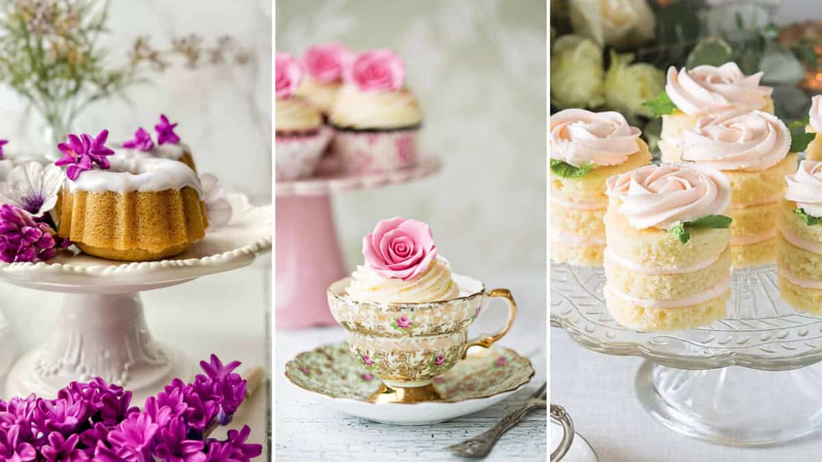 Three types of elegant afternoon tea sweets displayed on cake stands: a bundt cake with purple flowers, cupcakes in teacups, and layered mini cakes topped with pink roses.