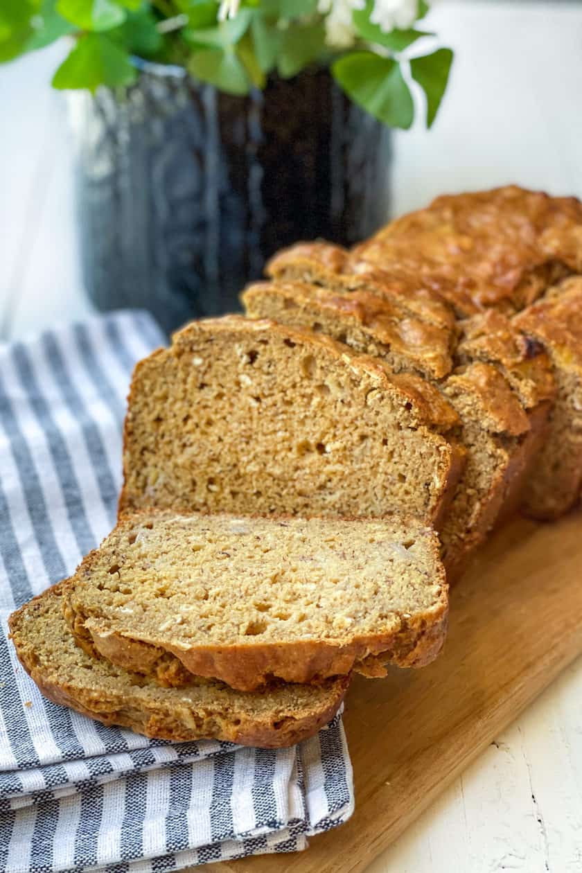 Sliced Banana Oat Bread on a cutting board
