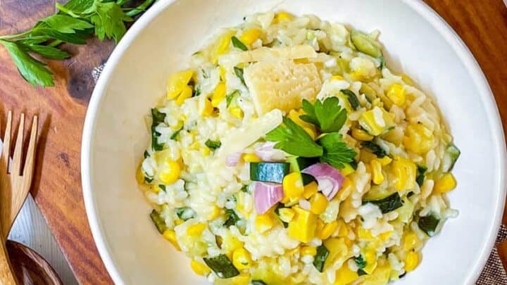 Top view, flat lay, of a bowl of Instant Pot Risotto with fresh parsley
