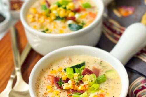 Closeup view of bowl of Instant Pot Zucchini Corn Chowder