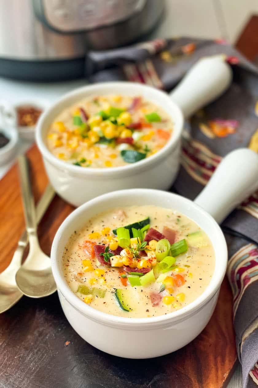 Closeup view of bowl of Instant Pot Zucchini Corn Chowder