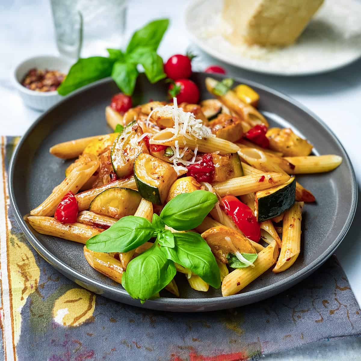 Zucchini pasta with tomatoes on a serving plate with fresh basil.