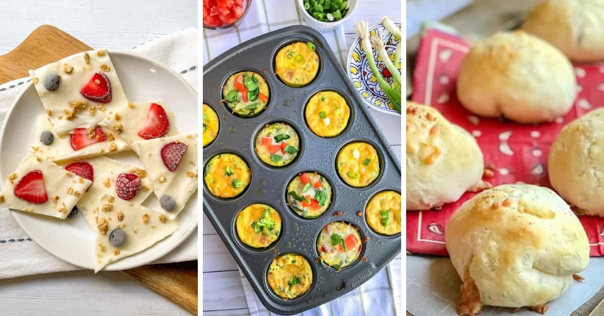 Three images: yogurt bark with fruit and granola on a plate, a muffin tin with baked egg bites and vegetables, and round baked rolls on a red napkin—perfect back to school snacks for busy mornings or after-school treats.