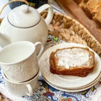 Slice of Banana Oat Bread on a woven tray