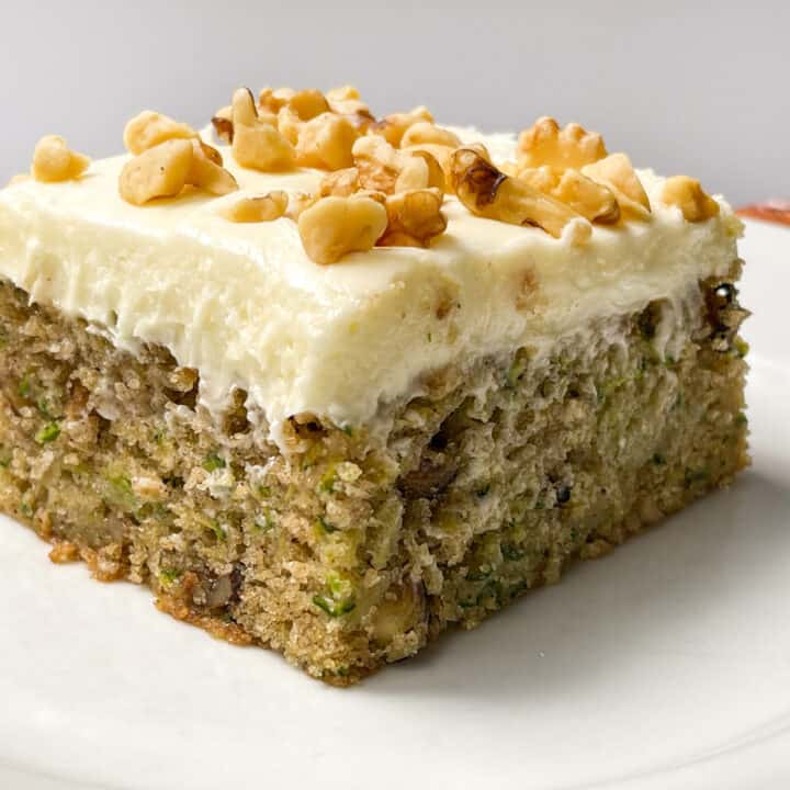Square of Zucchini Cake and frosted with Cream Cheese Frosting