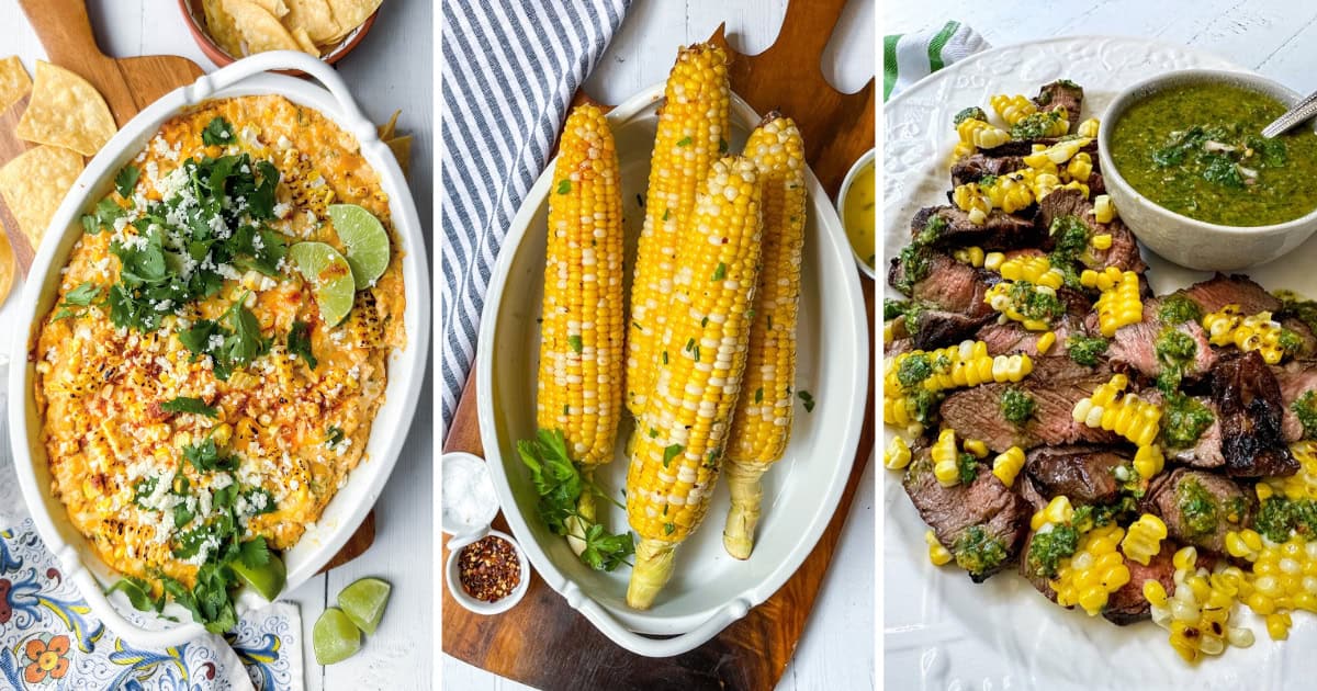 Three image collage featuring Mexican street corn dip, grilled corn on the cob and grilled steak and sweet corn.