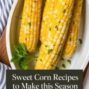 Single image poster featuring a collection of sweet corn recipes with earthy olive and charcoal tones, styled for summer seasonal cooking.