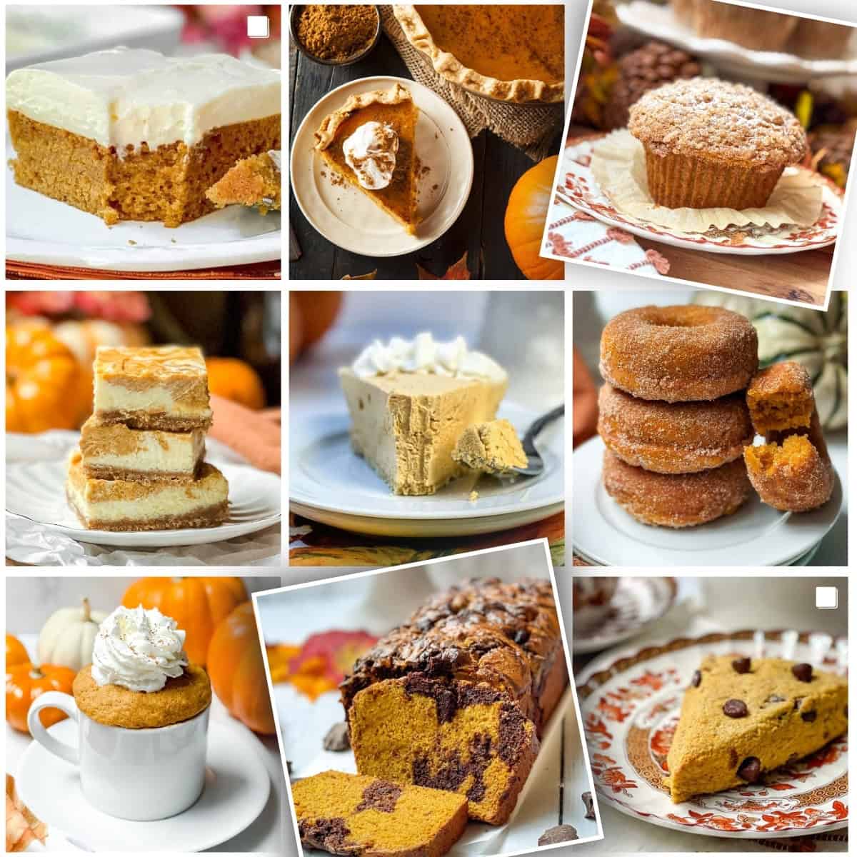 Collage of pumpkin dessert recipes from cheesecake to donuts, pies, pumpkin bread and more.