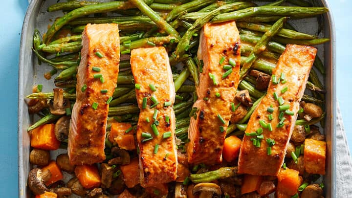 Salmon and green beans on a sheet pan for September Sheet Pan Dinners