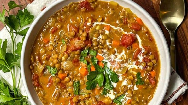 Top view of Curry Lentil Soup with fresh parsley and coconut milk