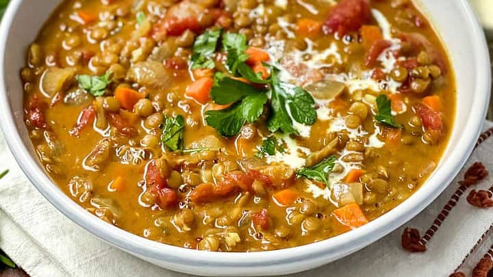 Side view of Curry Lentil Soup in a White Soup Bowl