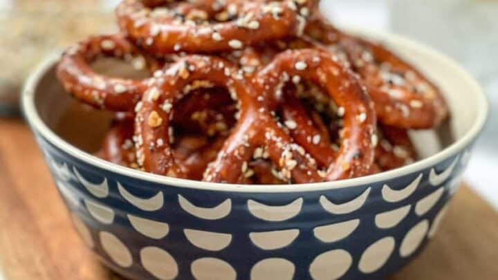 Blue and White Bowl of Everything Bagel Pretzels