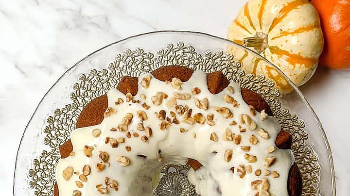 Top view of Pumpkin Bundt Cake with Cream Cheese Icing
